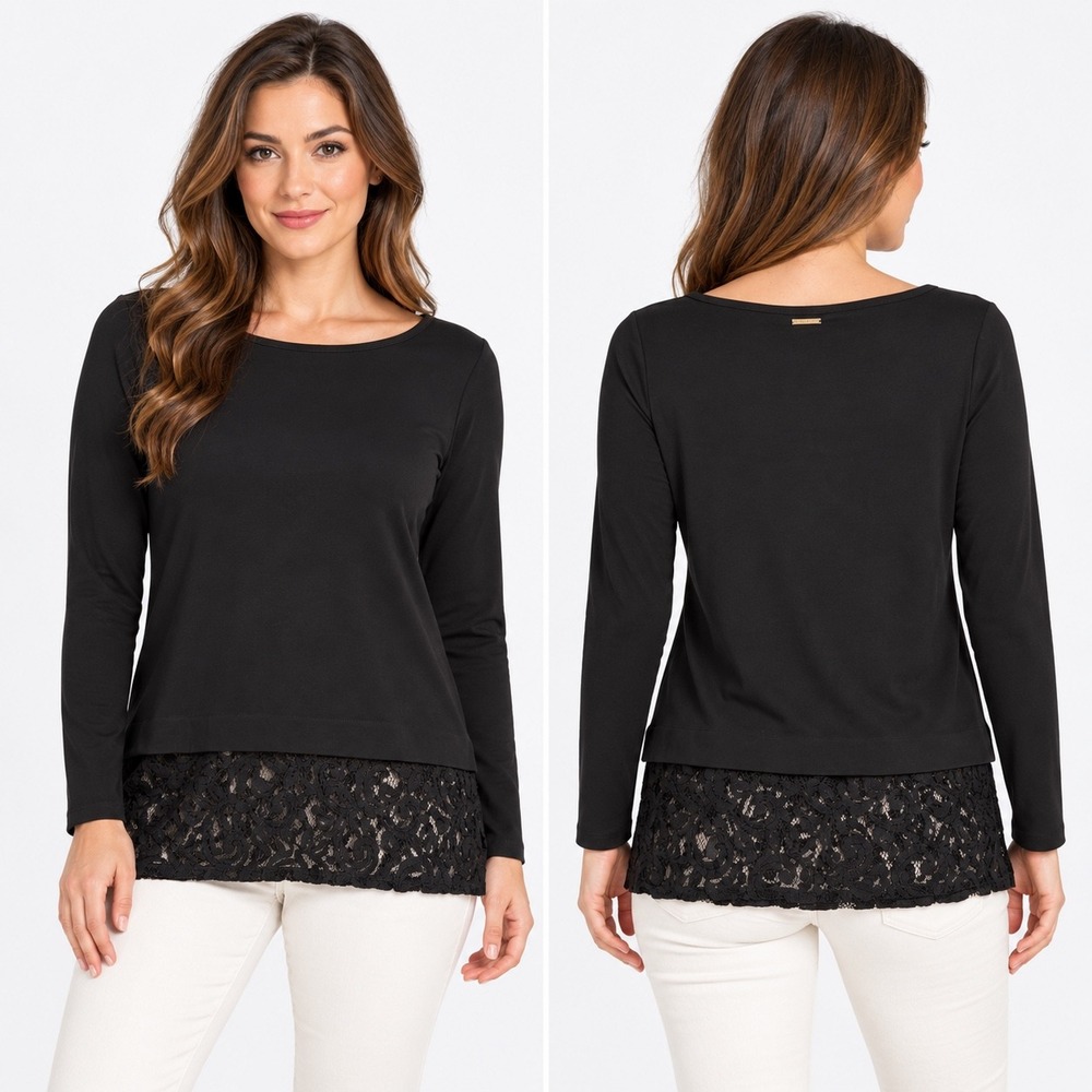Michael Kors Womens Black Long Sleeve Layered Lace Hem Top Size M NEW